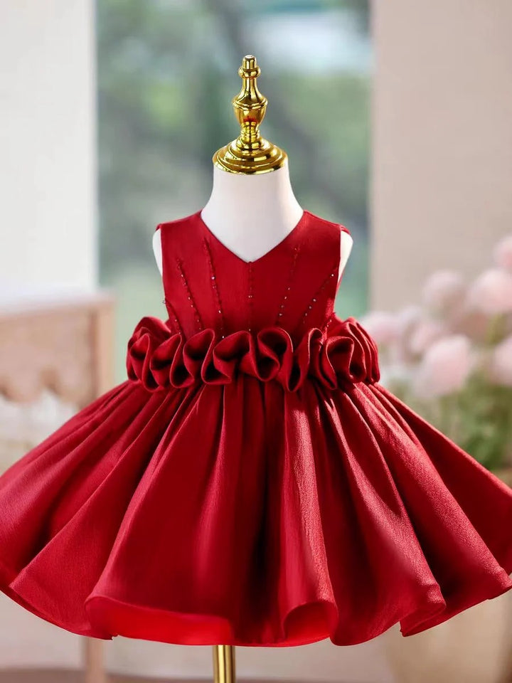 TinyTulle Lilac Satin V-Neck Princess Flower Girl Dress with Beaded &amp; Pleated Bodice