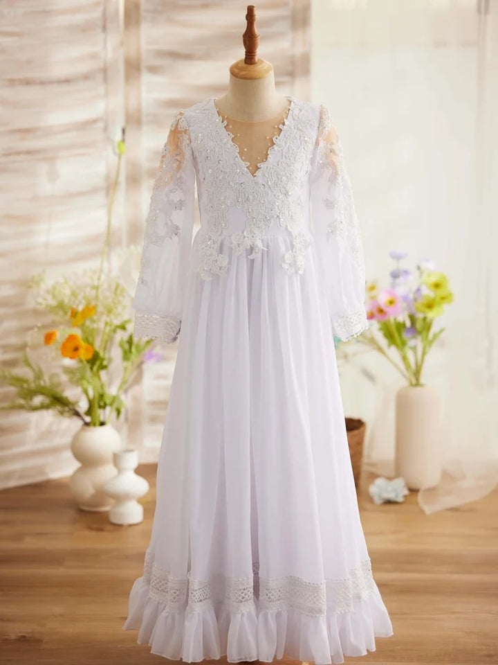 TinyTulle Elegant Ivory Lace Long Sleeve V-Neck Flower Girl Dress with Ruffle Hem