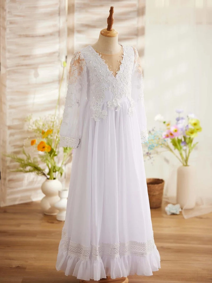 TinyTulle Elegant Ivory Lace Long Sleeve V-Neck Flower Girl Dress with Ruffle Hem