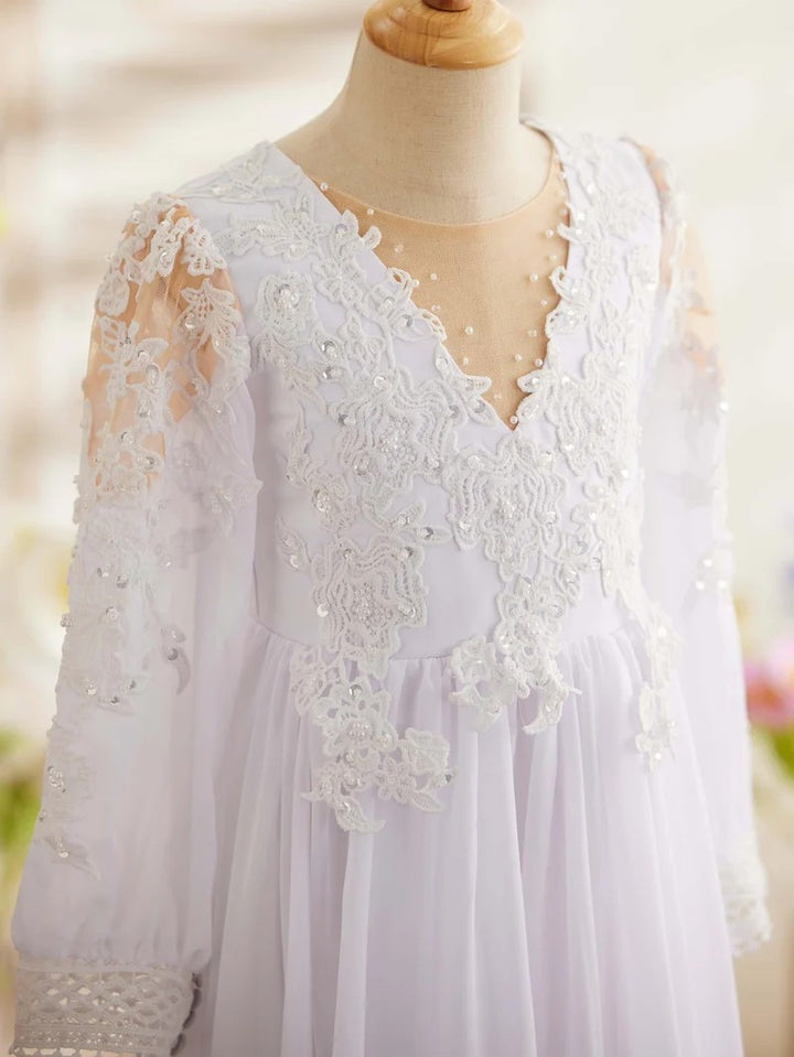 TinyTulle Elegant Ivory Lace Long Sleeve V-Neck Flower Girl Dress with Ruffle Hem