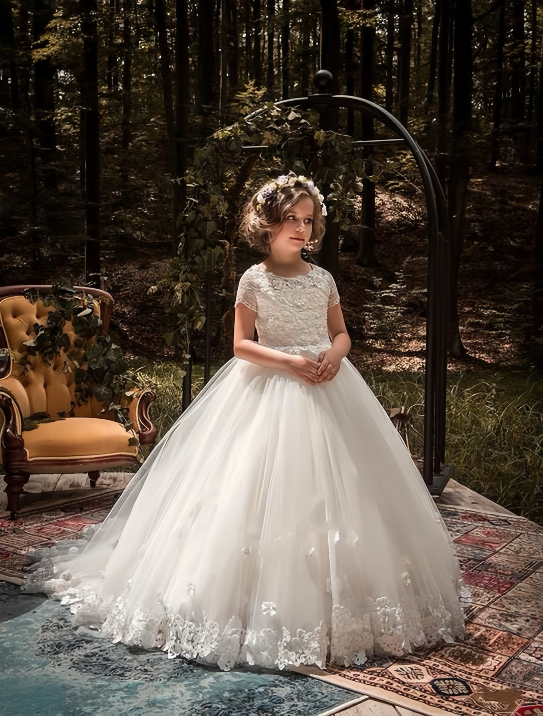 TinyTulle Elegant Ivory Tulle Flower Girl Dress with Floral Appliqués and Train