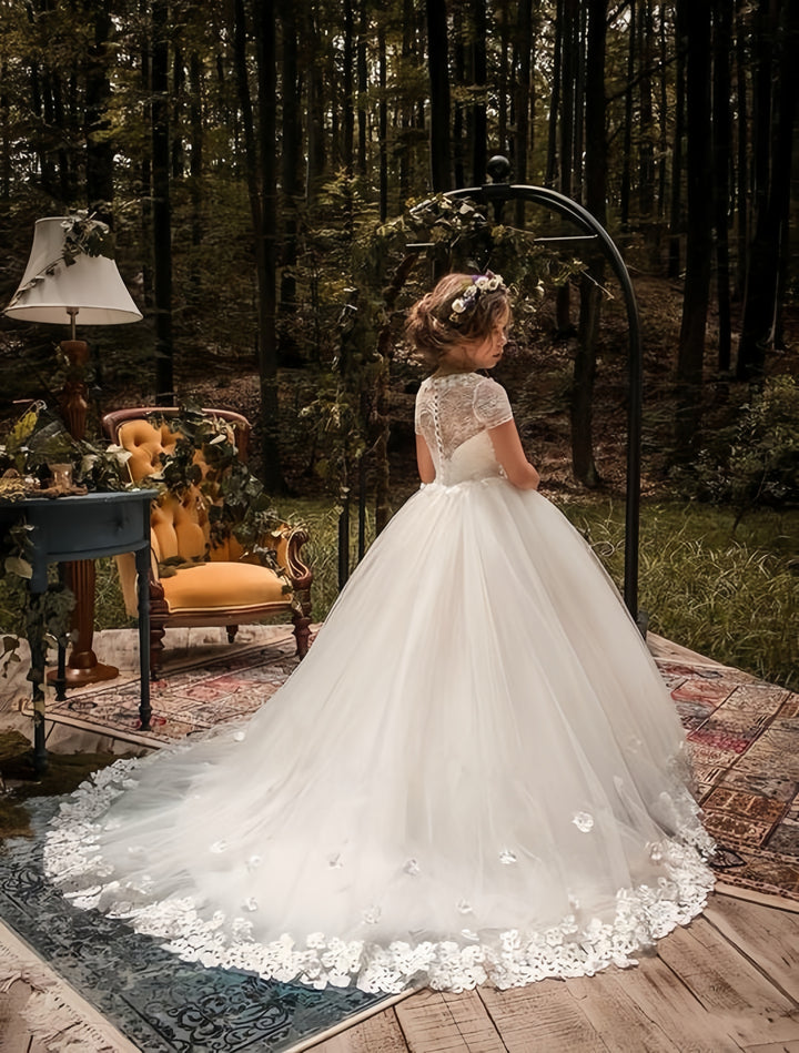 TinyTulle Elegant Ivory Tulle Flower Girl Dress with Floral Appliqués and Train