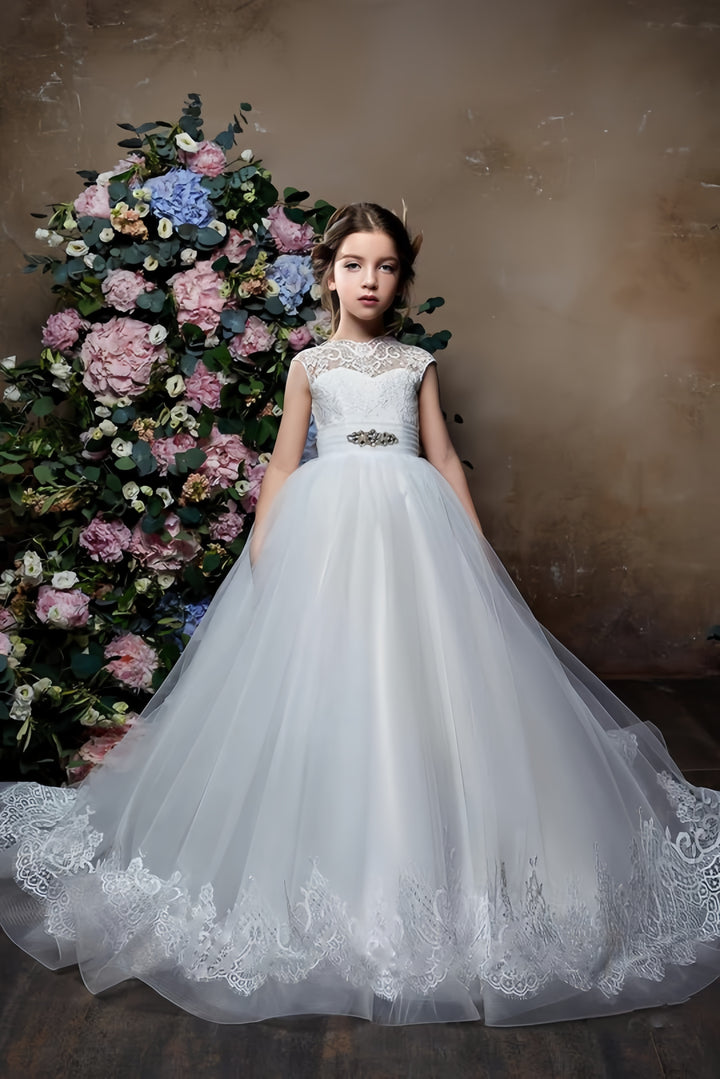 TinyTulle White High Neck Lace V Back First Communion Flower Girl Dress