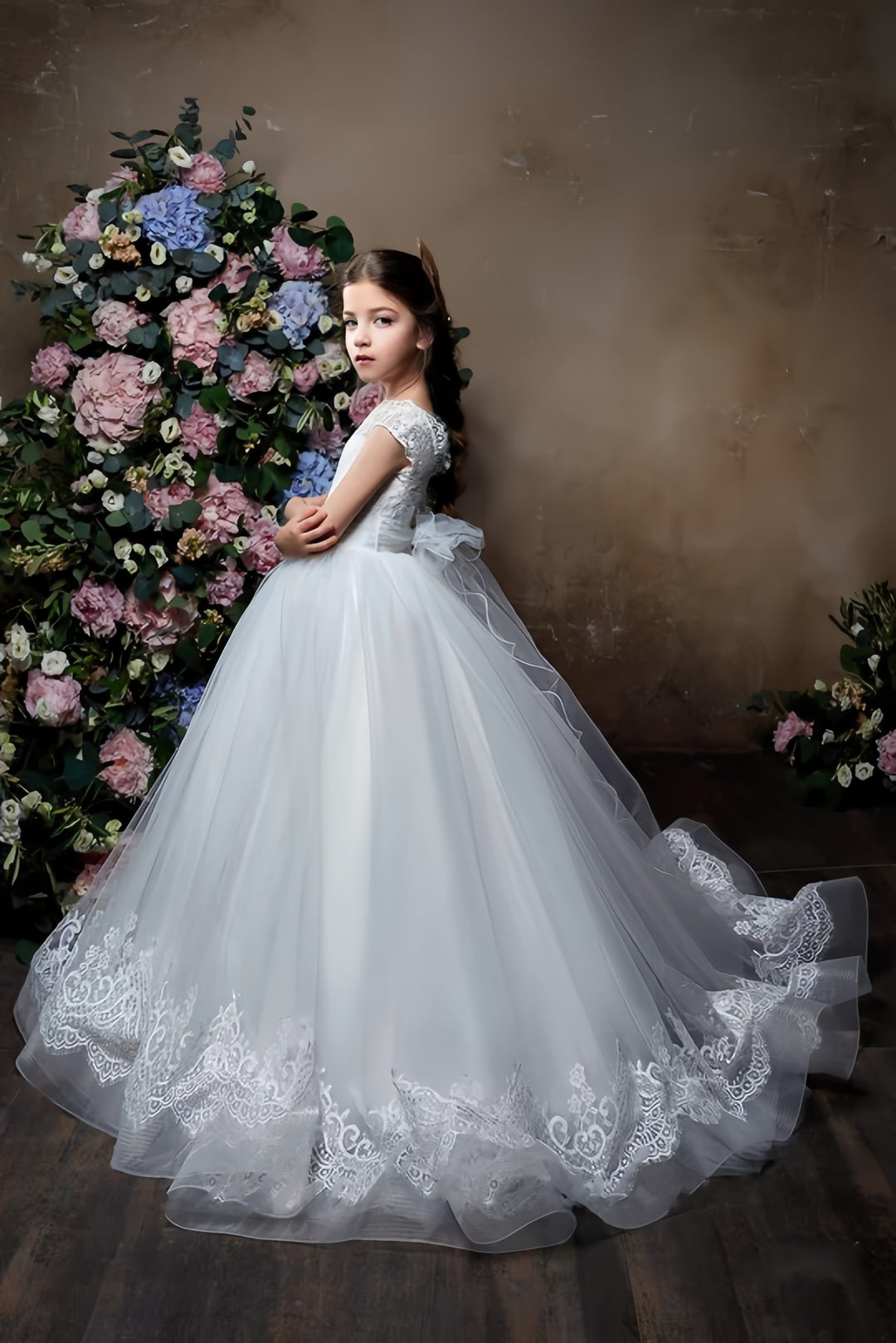 TinyTulle White High Neck Lace V Back First Communion Flower Girl Dress