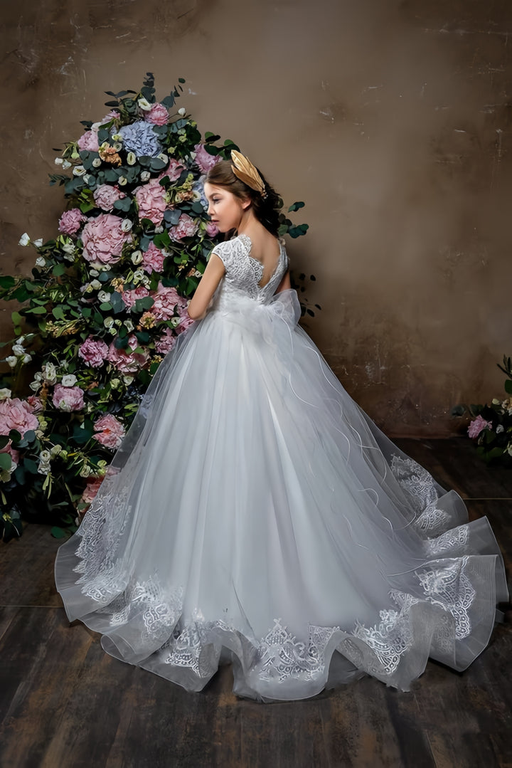 TinyTulle White High Neck Lace V Back First Communion Flower Girl Dress