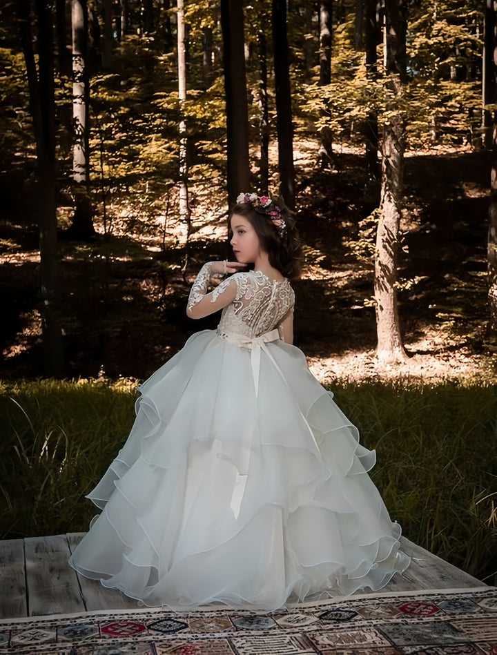 TinyTulle Elegant Lace Long Sleeve Layered Tulle Flower Girl Dress for Wedding