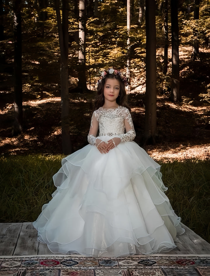 TinyTulle Elegant Lace Long Sleeve Layered Tulle Flower Girl Dress for Wedding