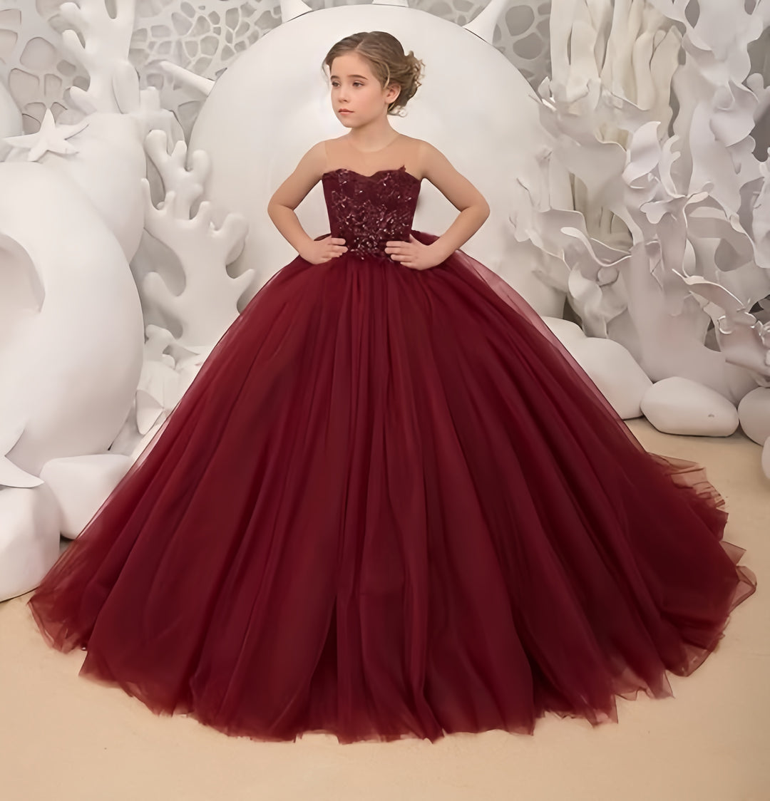 TinyTulle Burgundy Sleeveless Lace Applique Tulle Ball Gown Flower Girl Dress