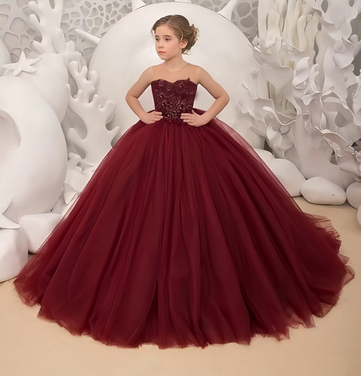 TinyTulle Burgundy Sleeveless Lace Applique Tulle Ball Gown Flower Girl Dress