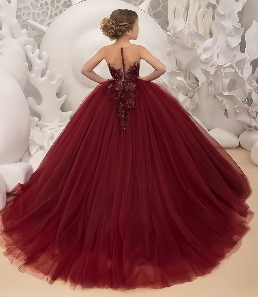 TinyTulle Burgundy Sleeveless Lace Applique Tulle Ball Gown Flower Girl Dress