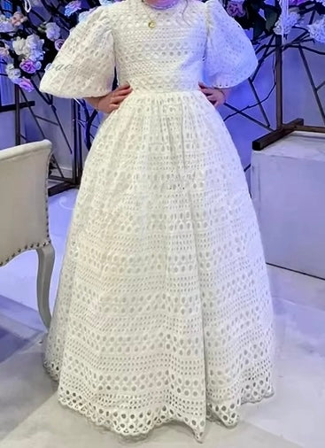 TinyTulle Elegant White Lace Puff Sleeve Flower Girl Dress for Wedding &amp; First Communion