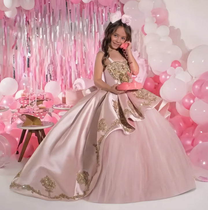 TinyTulle Luxury Blush Pink Ball Gown Flower Girl Dress with Gold Appliqué and Bow