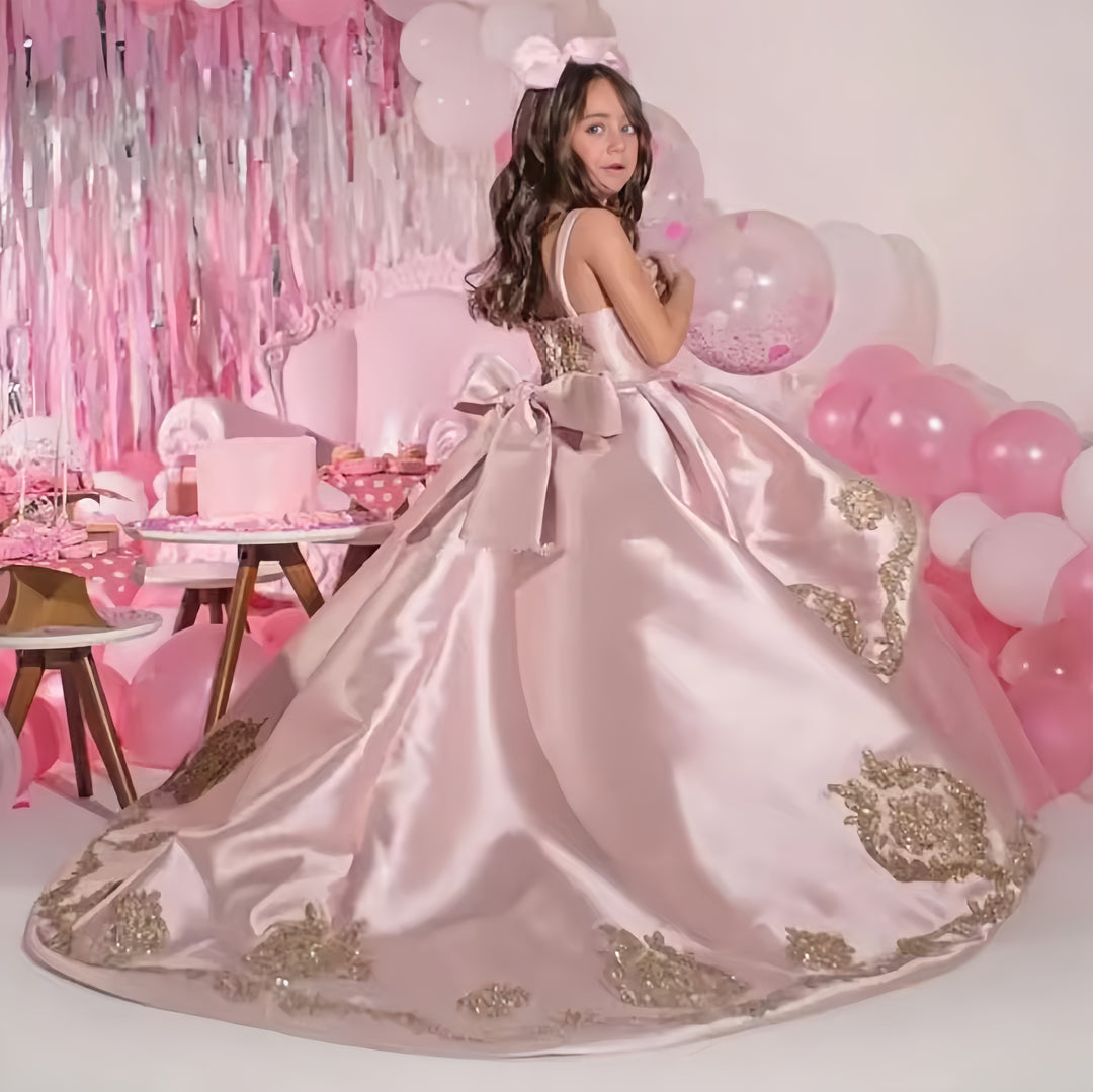 TinyTulle Luxury Blush Pink Ball Gown Flower Girl Dress with Gold Appliqué and Bow