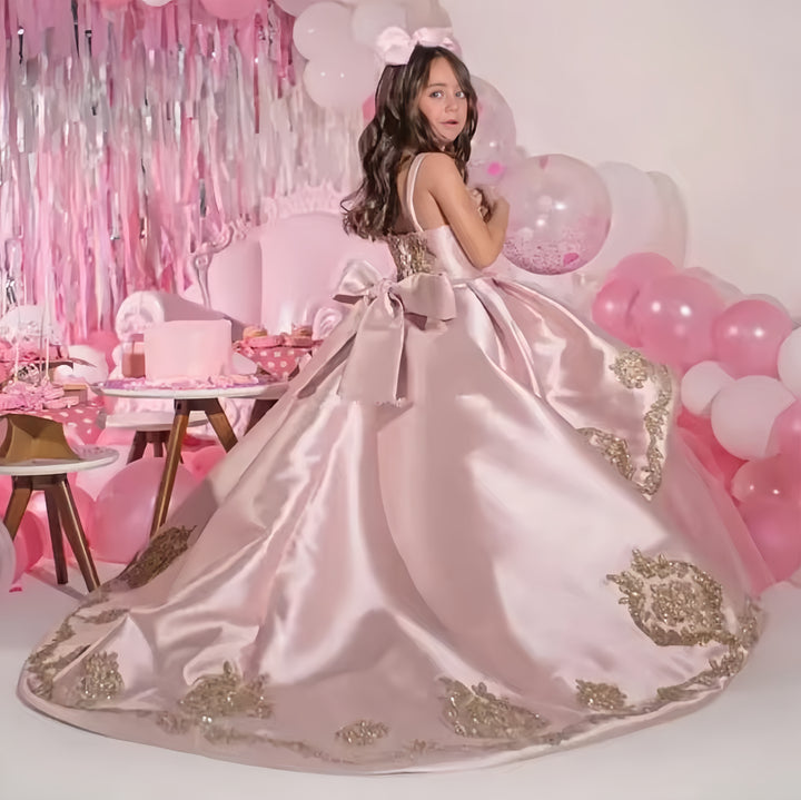 TinyTulle Luxury Blush Pink Ball Gown Flower Girl Dress with Gold Appliqué and Bow