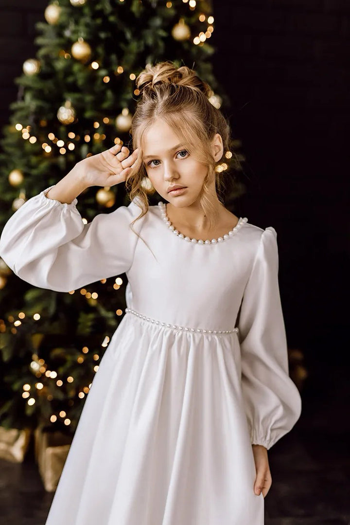 TinyTulle Elegant White Satin Long Sleeve Pearl Flower Girl Dress
