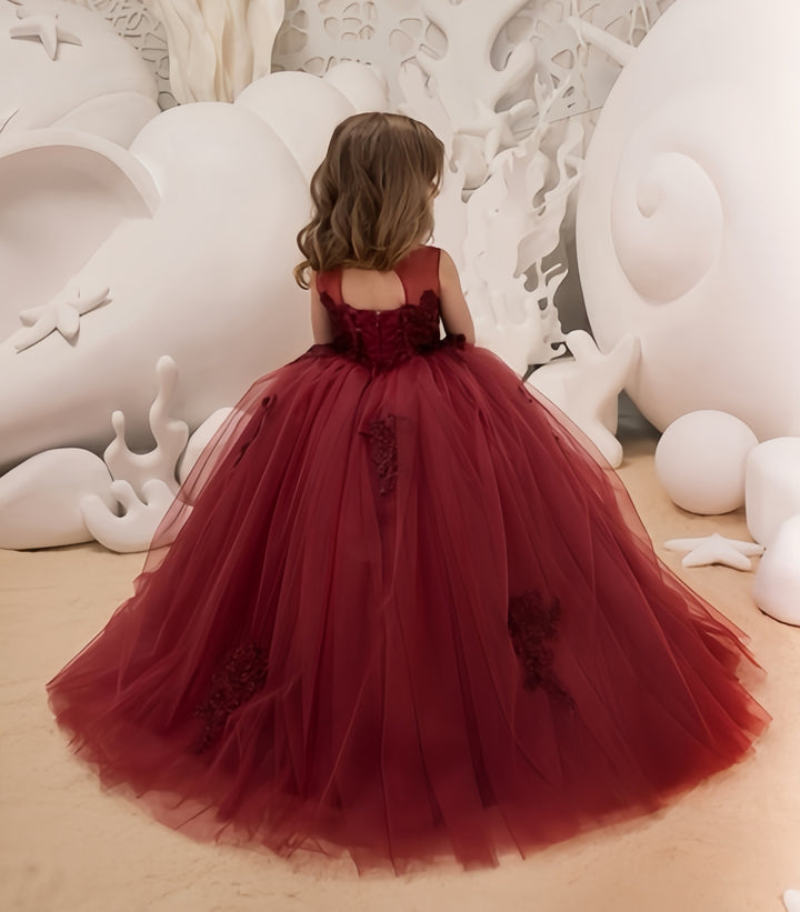 TinyTulle Burgundy Sleeveless Ball Gown Flower Girl Dress with Embroidery Appliqué