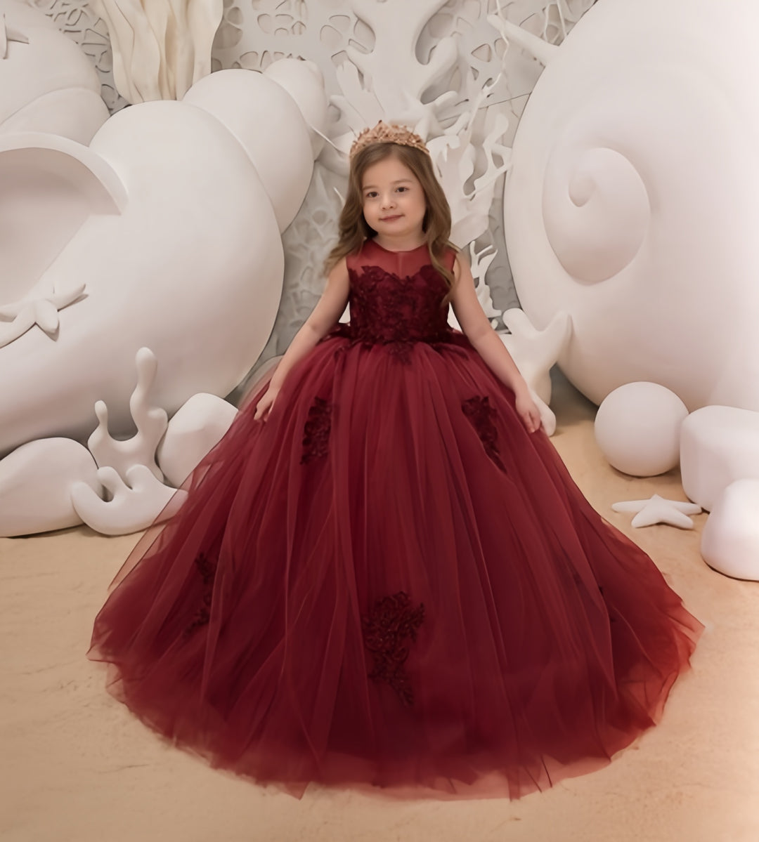 TinyTulle Burgundy Sleeveless Ball Gown Flower Girl Dress with Embroidery Appliqué