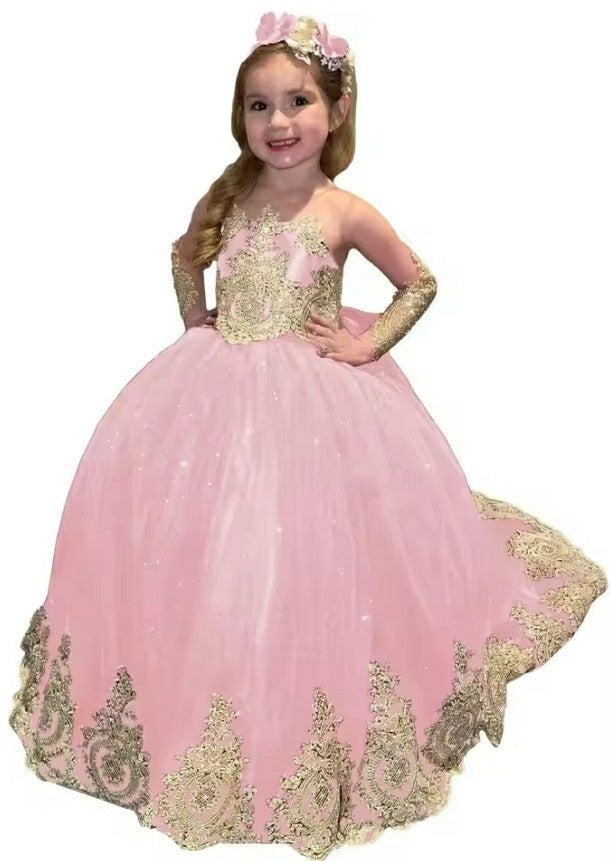 TinyTulle Sparkling Gold Appliqué Long Sleeve Glitter Tulle Flower Girl Dress