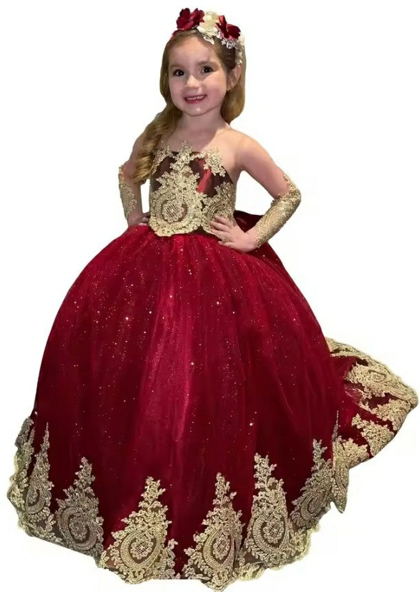 TinyTulle Sparkling Gold Appliqué Long Sleeve Glitter Tulle Flower Girl Dress