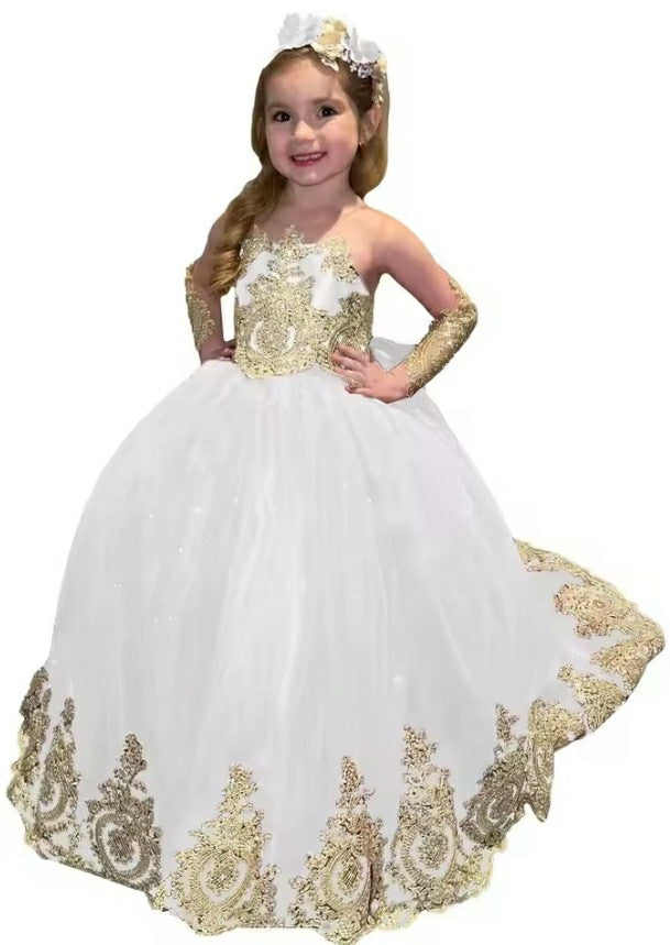 TinyTulle Sparkling Gold Appliqué Long Sleeve Glitter Tulle Flower Girl Dress