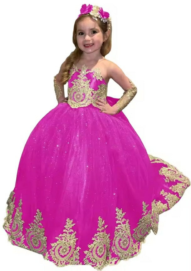 TinyTulle Sparkling Gold Appliqué Long Sleeve Glitter Tulle Flower Girl Dress
