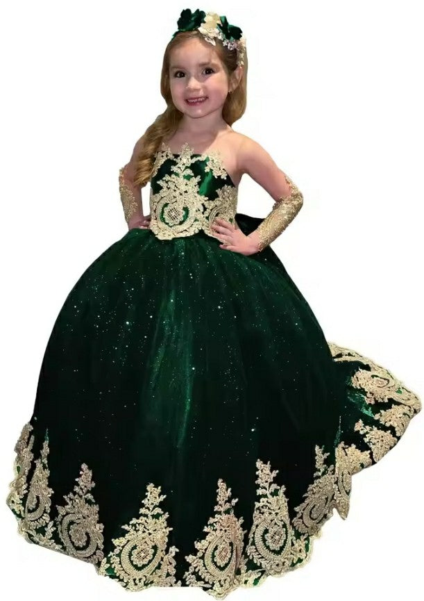 TinyTulle Sparkling Gold Appliqué Long Sleeve Glitter Tulle Flower Girl Dress