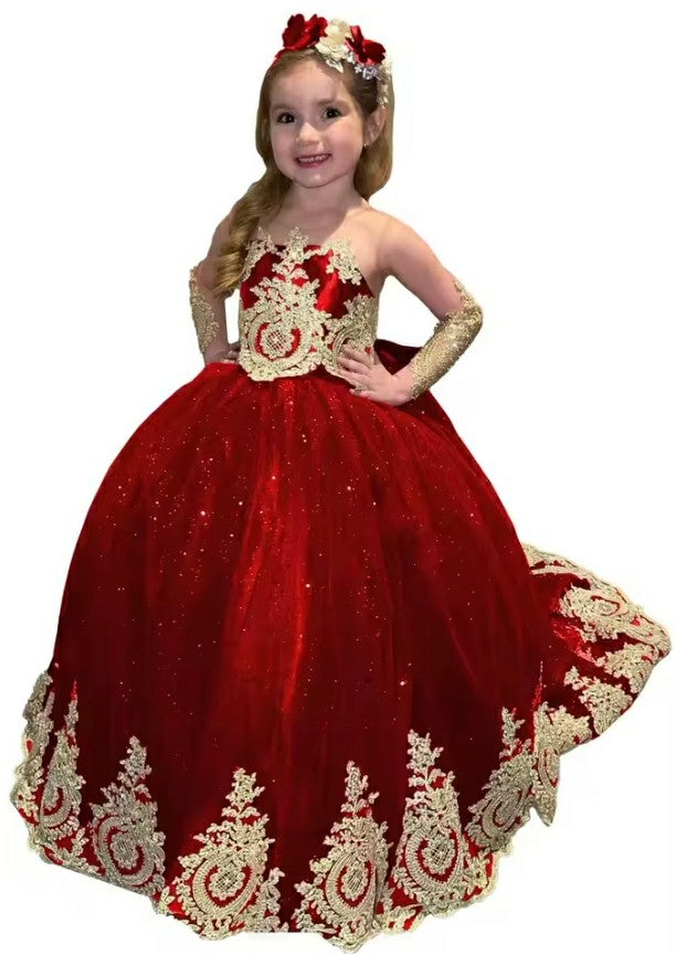 TinyTulle Sparkling Gold Appliqué Long Sleeve Glitter Tulle Flower Girl Dress