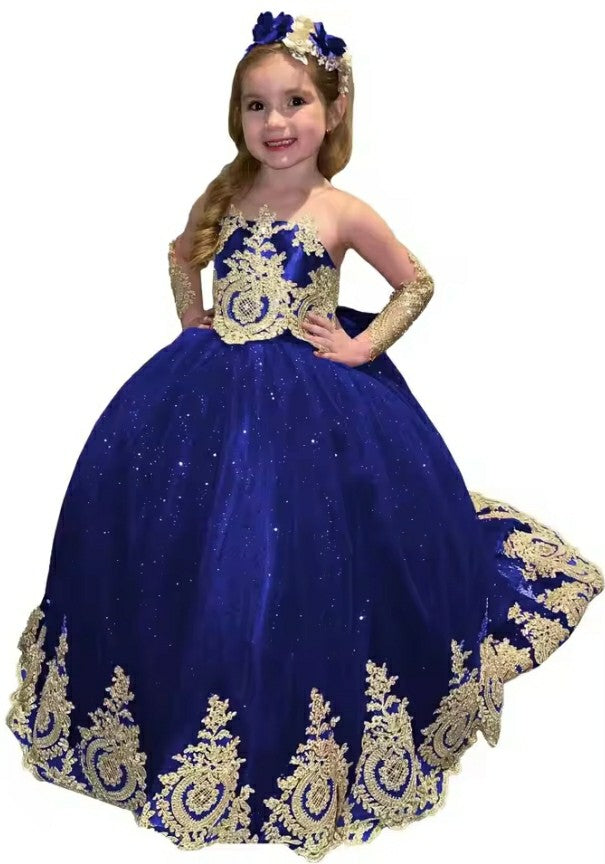 TinyTulle Sparkling Gold Appliqué Long Sleeve Glitter Tulle Flower Girl Dress