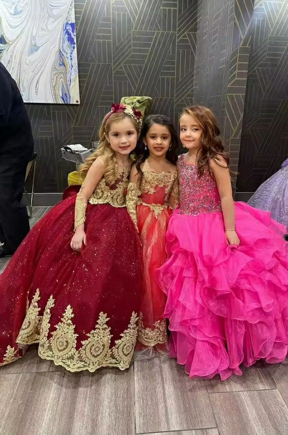 TinyTulle Sparkling Gold Appliqué Long Sleeve Glitter Tulle Flower Girl Dress