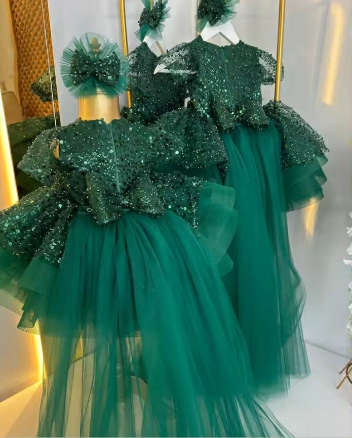 TinyTulle Elegant Puffy Emerald Green Sequin Baby Girl First Birthday Dress