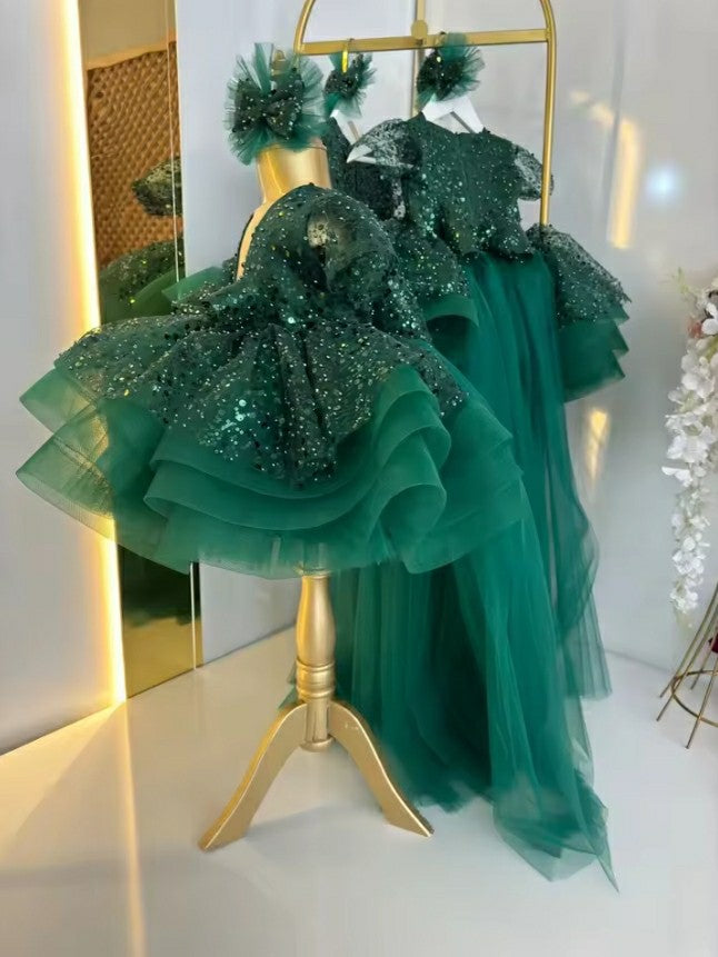 TinyTulle Elegant Puffy Emerald Green Sequin Baby Girl First Birthday Dress