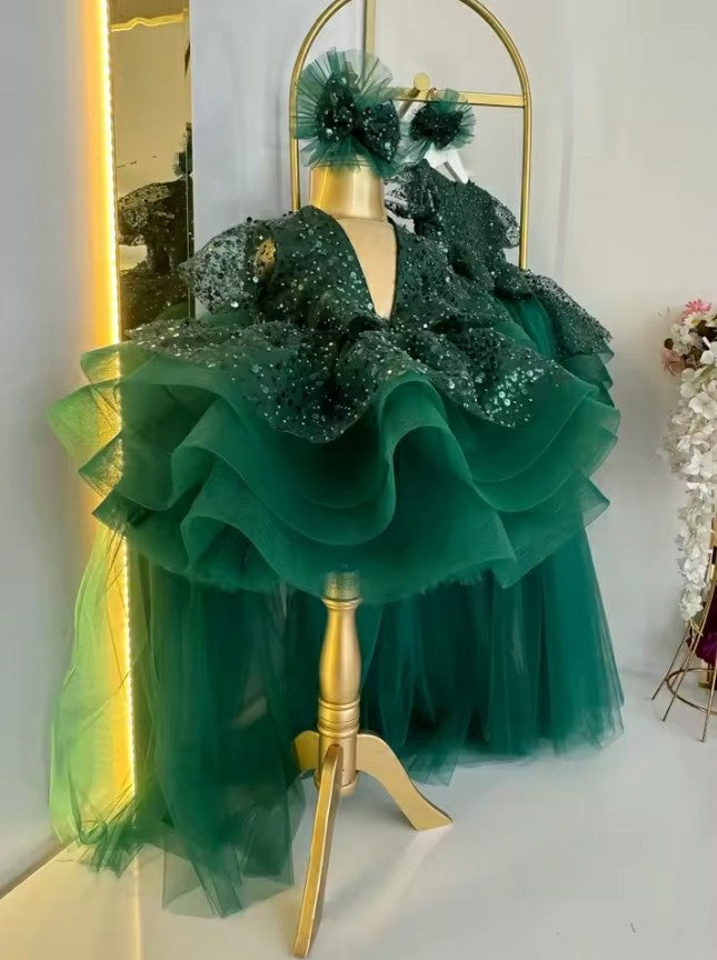 TinyTulle Elegant Puffy Emerald Green Sequin Baby Girl First Birthday Dress