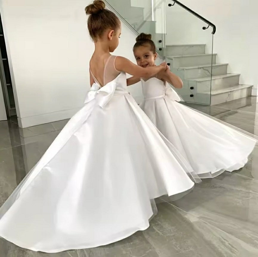 TinyTulle Elegant Sleeveless Satin Princess Flower Girl Dress with Bow