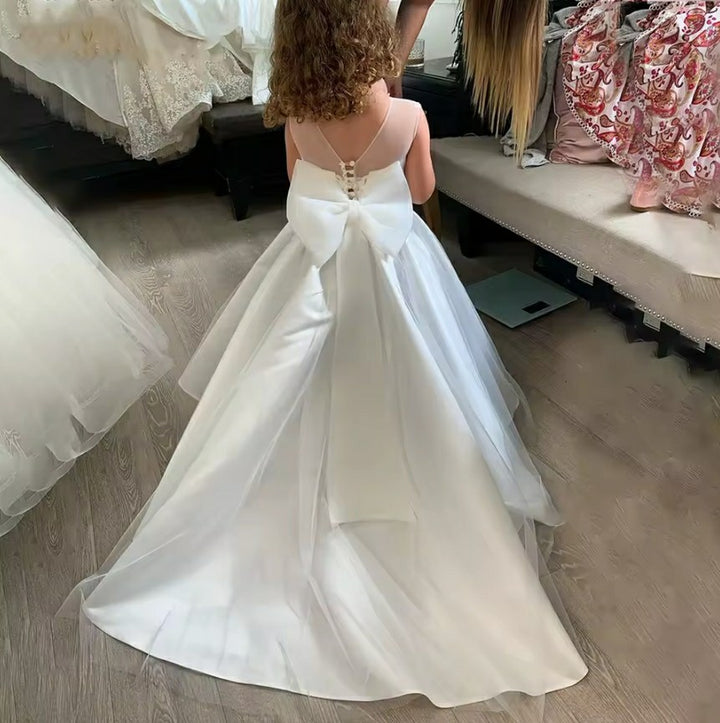 TinyTulle Elegant Sleeveless Satin Princess Flower Girl Dress with Bow