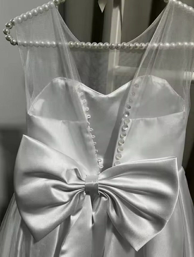 TinyTulle Elegant Sleeveless Satin Princess Flower Girl Dress with Bow