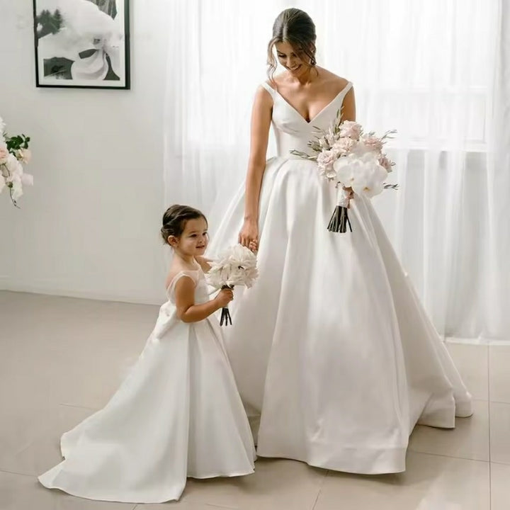 TinyTulle Elegant Sleeveless Satin Princess Flower Girl Dress with Bow