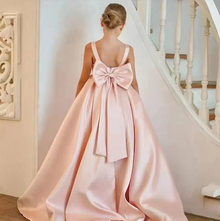 TinyTulle Elegant Satin Princess Flower Girl Dress with Sleeveless Bodice &amp; Statement Bow