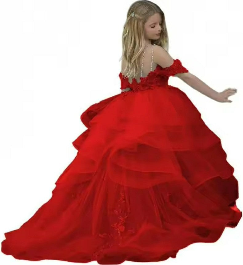 TinyTulle Off-Shoulder Layered Tulle Flower Girl Dress Pageant Gown with Lace Applique