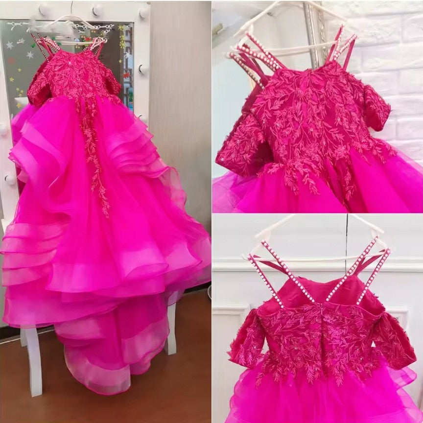 TinyTulle Off-Shoulder Layered Tulle Flower Girl Dress Pageant Gown with Lace Applique