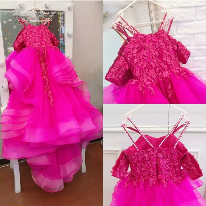 TinyTulle Off-Shoulder Layered Tulle Flower Girl Dress Pageant Gown with Lace Applique