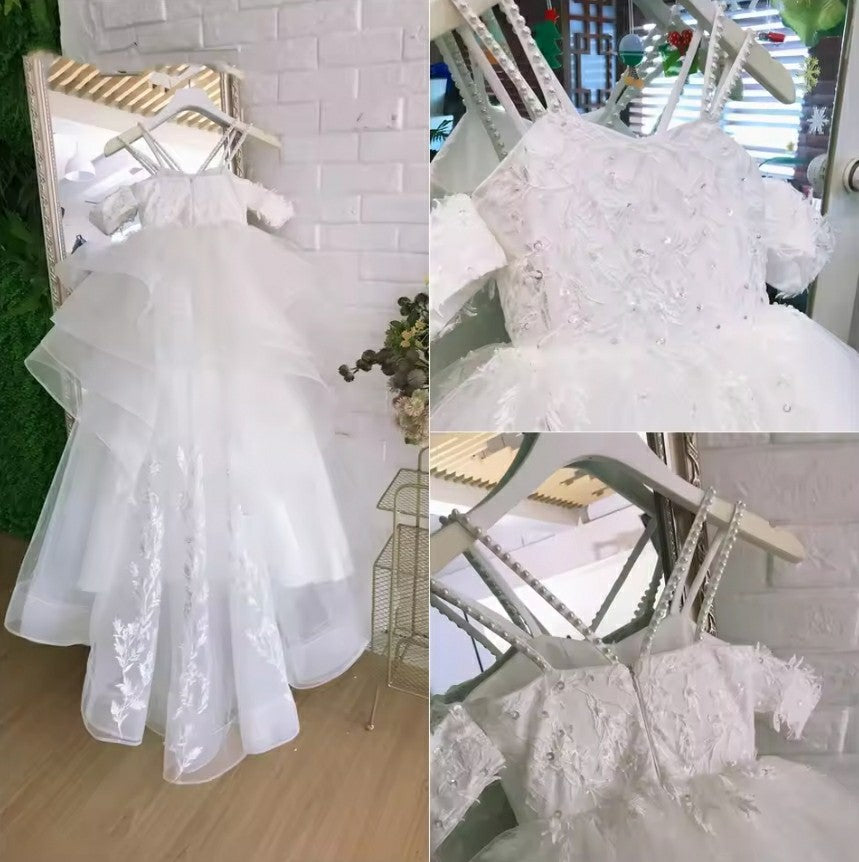 TinyTulle Off-Shoulder Layered Tulle Flower Girl Dress Pageant Gown with Lace Applique
