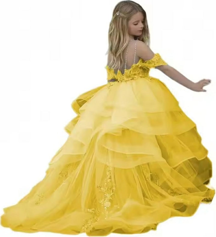 TinyTulle Off-Shoulder Layered Tulle Flower Girl Dress Pageant Gown with Lace Applique