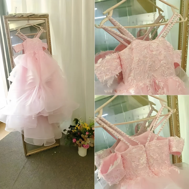 TinyTulle Off-Shoulder Layered Tulle Flower Girl Dress Pageant Gown with Lace Applique