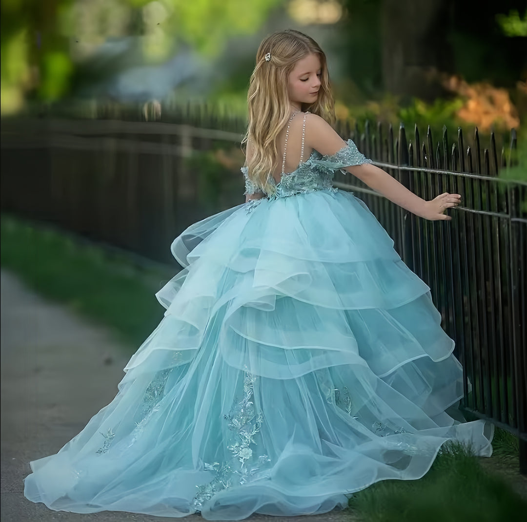 TinyTulle Off-Shoulder Layered Tulle Flower Girl Dress Pageant Gown with Lace Applique