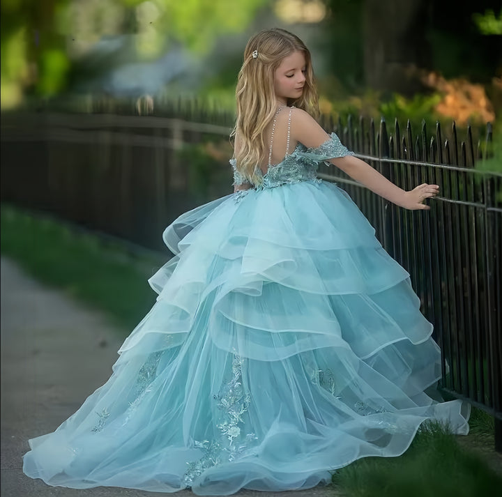 TinyTulle Off-Shoulder Layered Tulle Flower Girl Dress Pageant Gown with Lace Applique