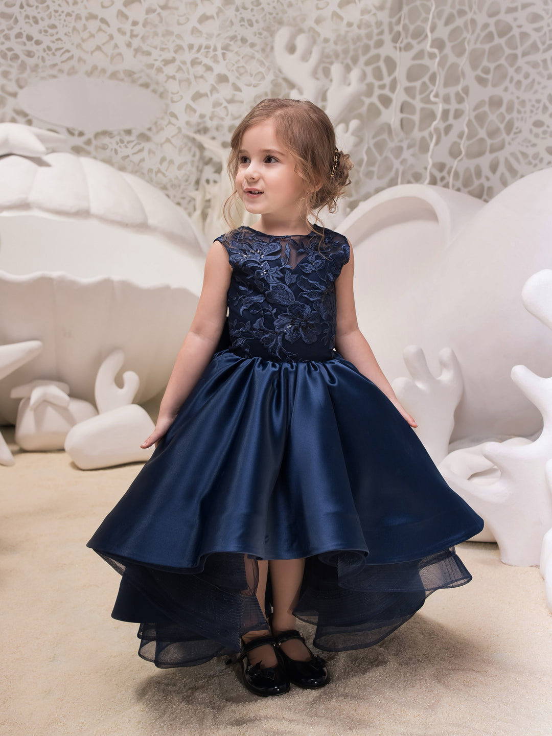TinyTulle Elegant Navy Blue Lace Appliqué Satin High-Low Flower Girl Dress with Bow