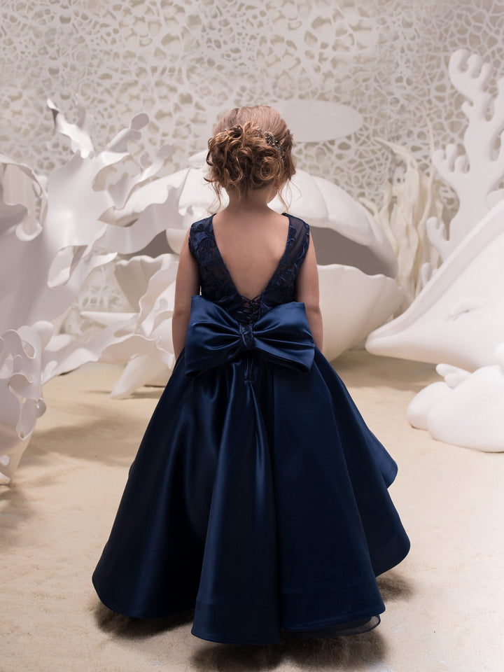 TinyTulle Elegant Navy Blue Lace Appliqué Satin High-Low Flower Girl Dress with Bow