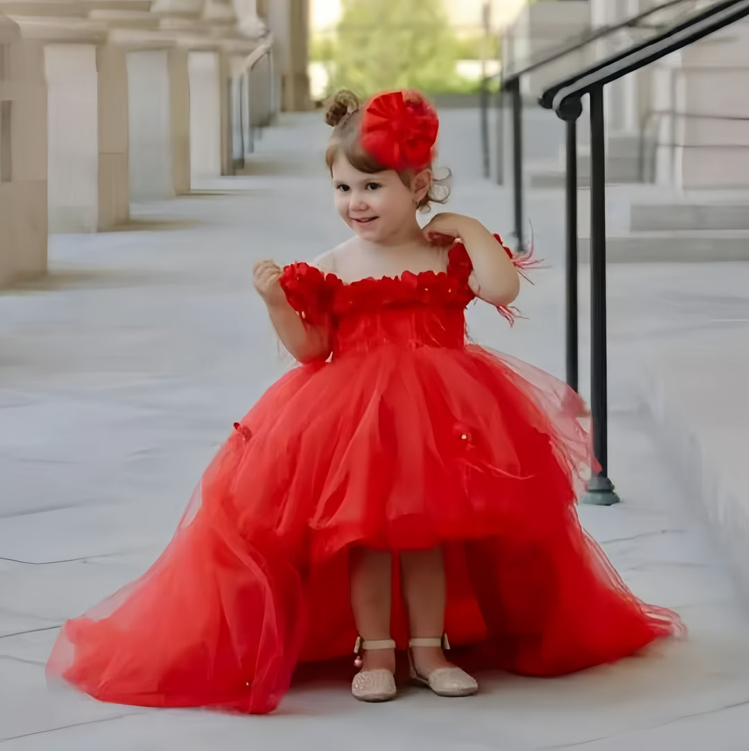 TinyTulle Red Off-Shoulder High-Low Tulle Flower Girl Dress with Floral Appliqués