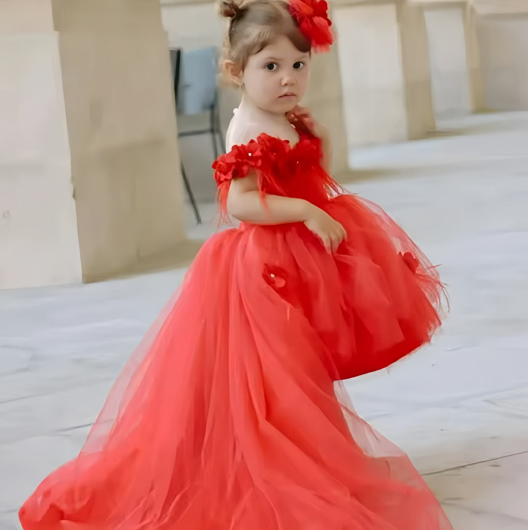 TinyTulle Red Off-Shoulder High-Low Tulle Flower Girl Dress with Floral Appliqués