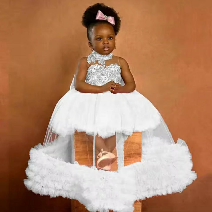 TinyTulle Elegant Lavender Floral Embroidered Tulle Ball Gown Flower Girl Dress with Ruffle Hem
